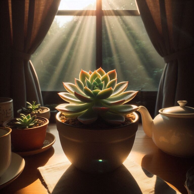 a succulent receiving morning sunlight while inside a room